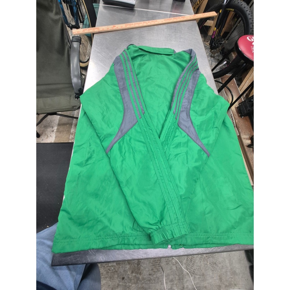 Adidas Windbreaker Jacket Full Zip Green Gray Striped Lightweight Sportswear